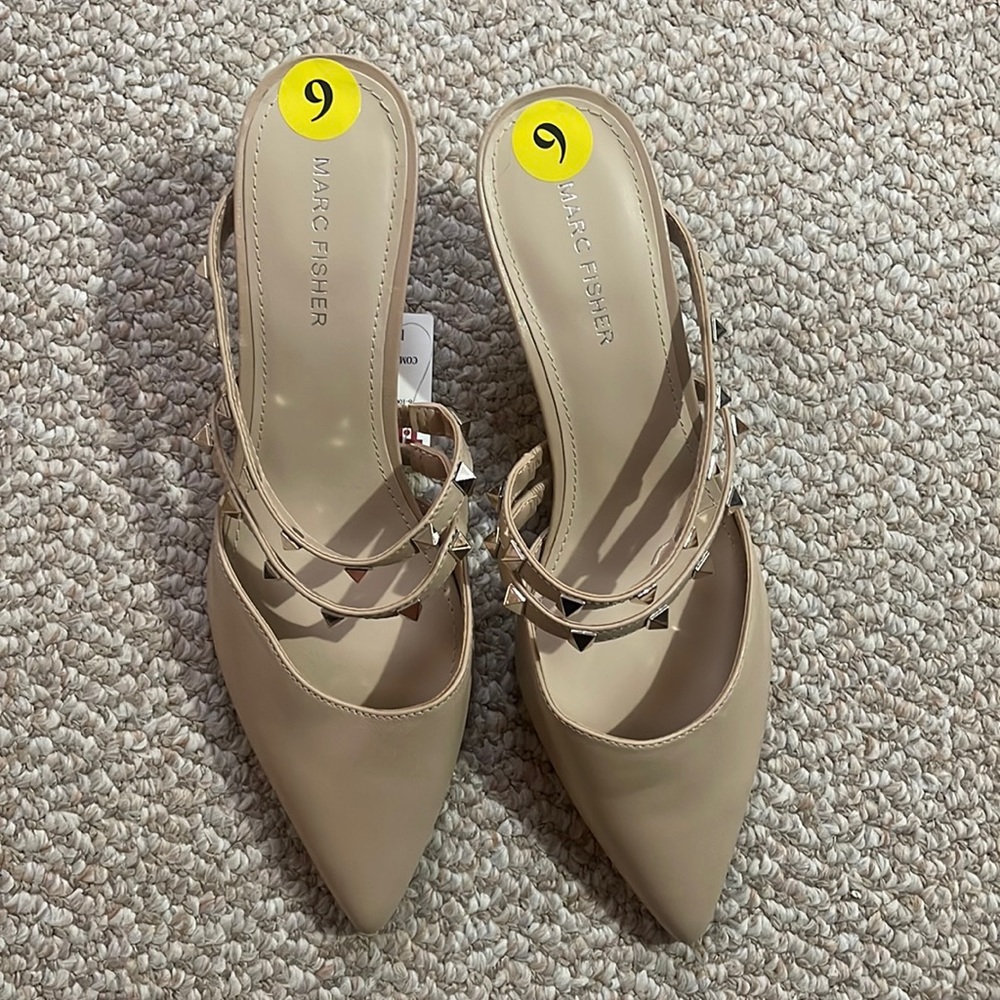 BRAND NEW Marc Fisher Beige Heels - Pointed Toe - Two Straps with Studs - Size 9